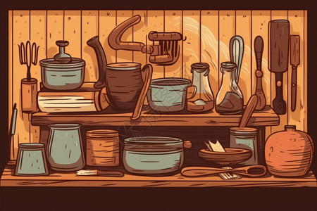 厨房用具用品木质的家居用品插画
