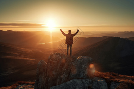 太阳在手站在山顶的人背景