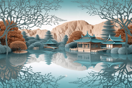 湖景建筑传统的中国馆插画