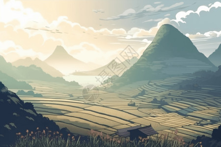 山地景色美丽的梯田景色插画