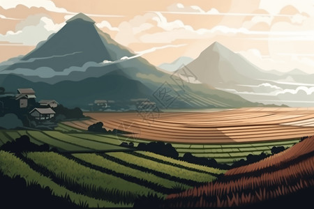 山地景色壮观的梯田景色插画