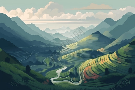 山地景色通往山峰的梯田的景色插画
