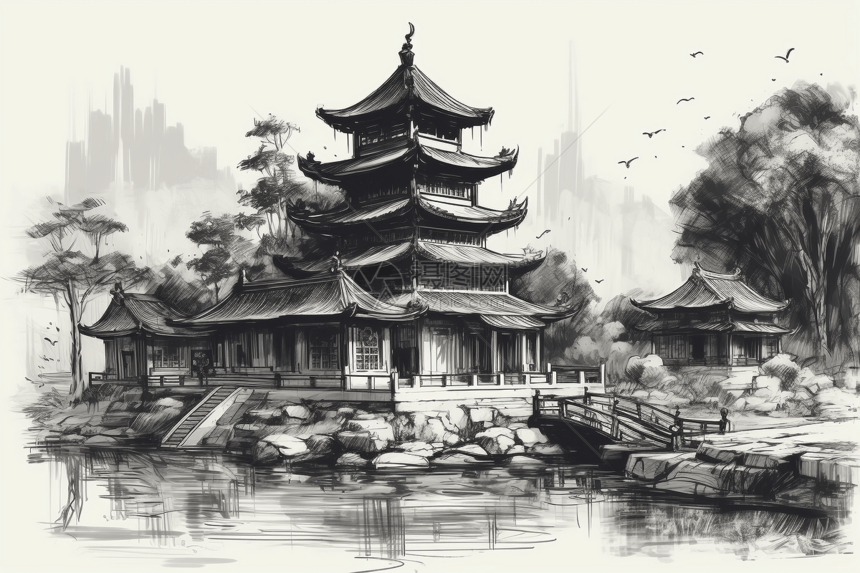 水墨画的中国建筑图片