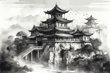 山水中的中国古建筑图片