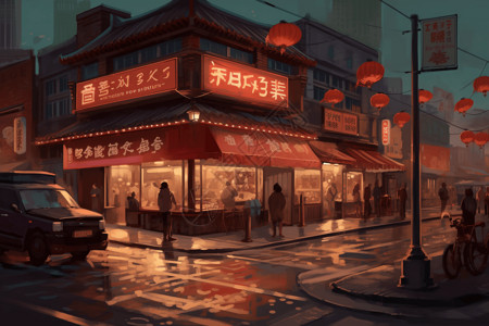 门店夜景繁忙的中国街道插画