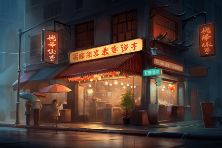 门店夜景中国街道的小店插画