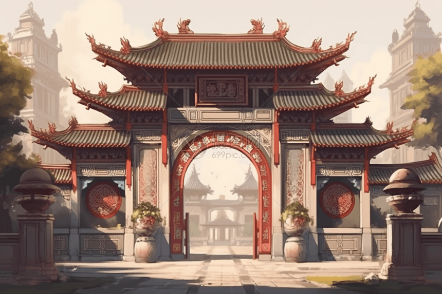 寺庙的中国门图片