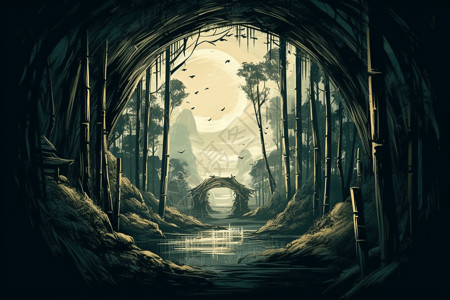 竹林的带月门背景图片