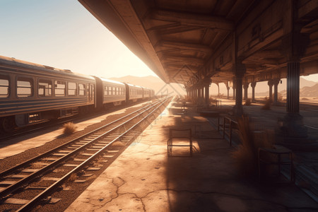 沙子轨道日落下沙漠中的火车站插画
