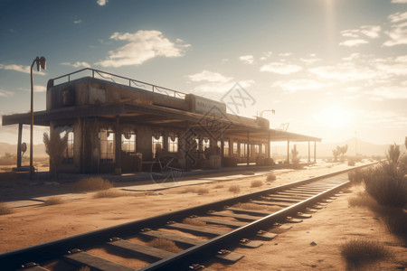 沙子轨道寂静沙漠中的火车站插画