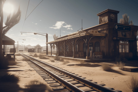沙漠小镇中的火车站插画