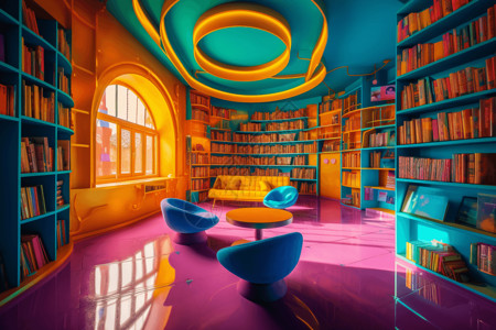 欢快活泼有红色地板的图书馆设计图片
