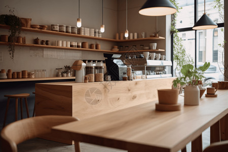 原木风格咖啡店的桌子背景图片