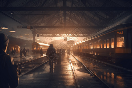 夜晚的火车站的行人图片