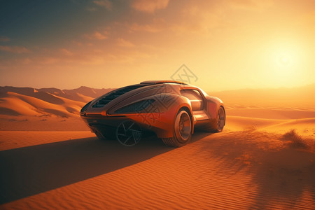 红色沙漠沙漠中行驶的鱼形汽车设计图片