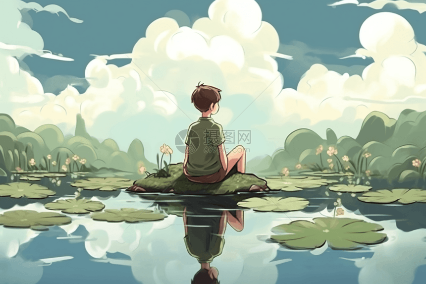 坐在池塘莲蓬上的男孩图片