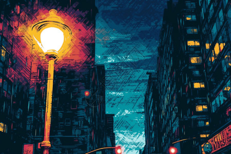 繁华市区在繁华的市区中间的路灯插画