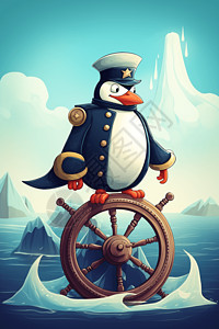 船方向站在方向盘上的一只企鹅插画