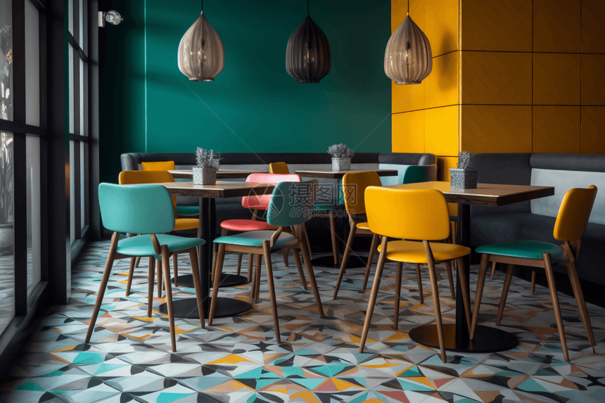 咖啡馆的彩色桌椅图片