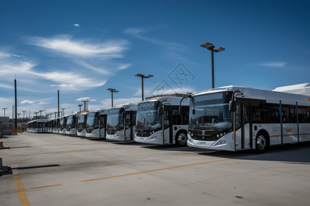 低碳旅游停在仓库的一排白色电动巴士背景
