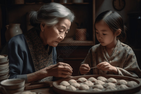 祖母和孙女在制作饺子图片