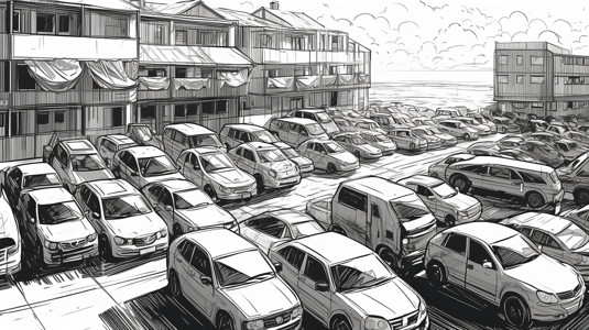 拥挤停车场停车场绘图插画