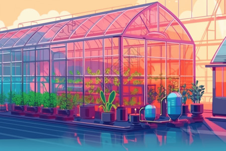 自动化控制带有自动灌溉系统的智能温室插画