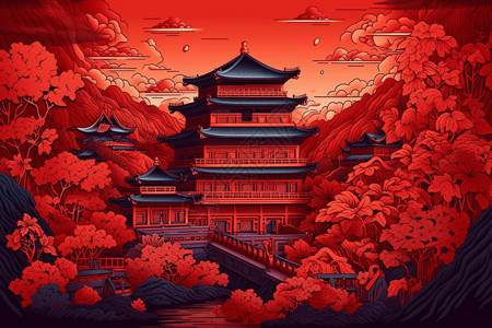 红色中式建筑纸艺图片