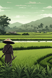 鸭田稻农民在宁静的田野中插画