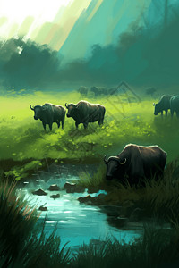 新鲜牛外脊牧场的水牛插画