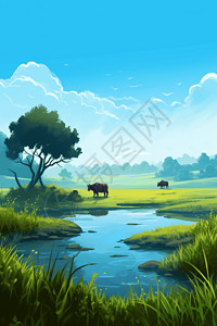 农场放牧的水牛背景图片