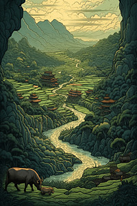 稻田和周围的自然风景背景图片
