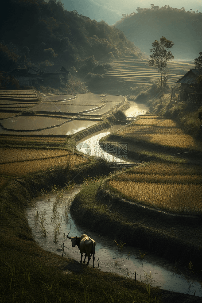 稻田的牛和风景图片