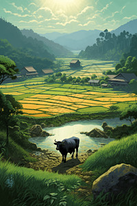 稻田和周围的自然美景图片