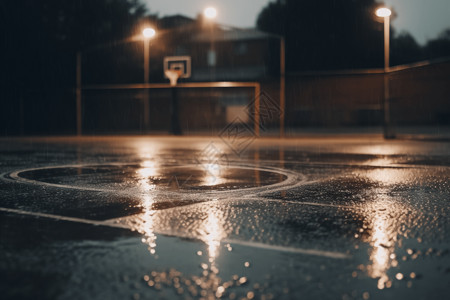 夜晚雨中篮球场图片