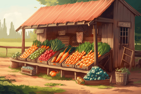 农业经济摊位上的蔬菜插画
