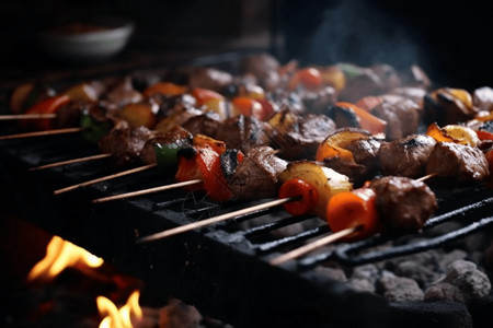 肉串在木炭上烤高清图片
