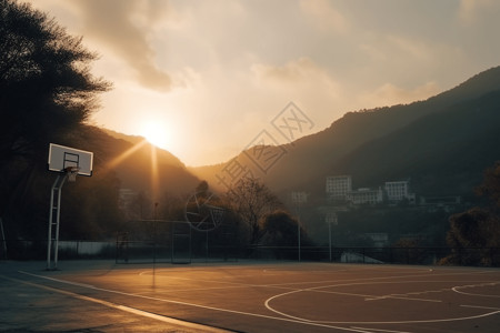 篮球场上的日落真实照片图片