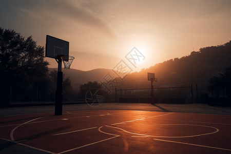 室外篮球场上的日落风景背景图片
