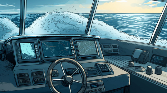 科技方向盘快艇上的GPS导航插画