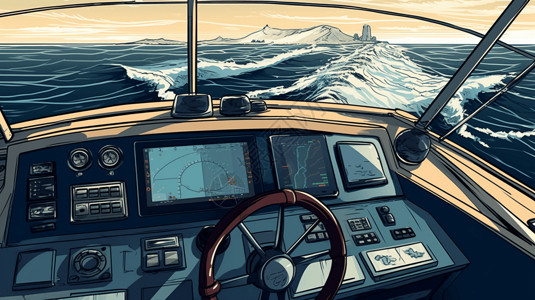 科技方向盘快艇上的GPS导航系统插画