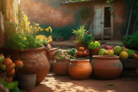 陶罐中的新鲜蔬菜背景图片