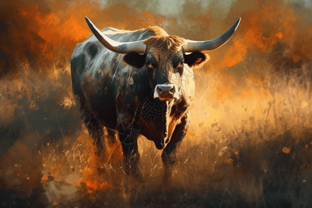 田野上的牛插画背景图片