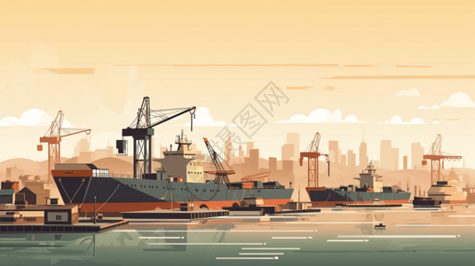 码头装卸工业港口的广角视图插画