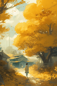 少女在银杏树下路过背景图片