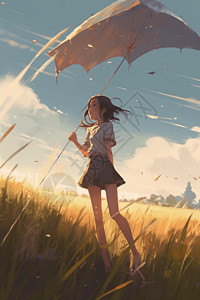 草地上放风筝的少女图片