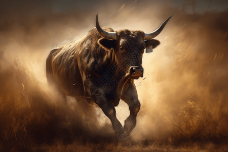 公牛在田野中冲锋背景图片