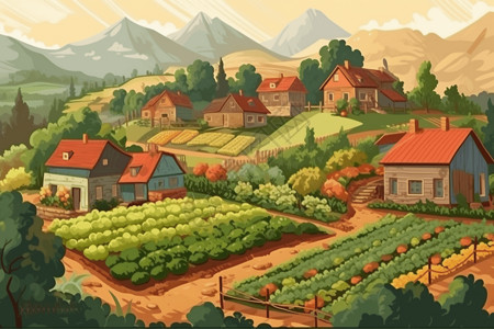 五颜六色房子小村庄的菜园插画
