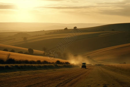 日落是拖拉机在农田工作图片
