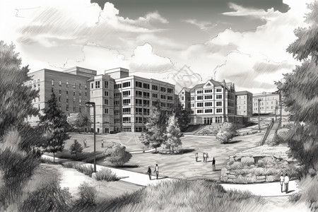 黑白素描教学楼建筑背景图片